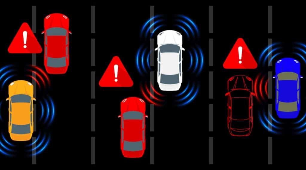 Toter Winkel: Totwinkel-Assistent erkennt Fahrzeuge und warnt den Fahrer mit Sensoren