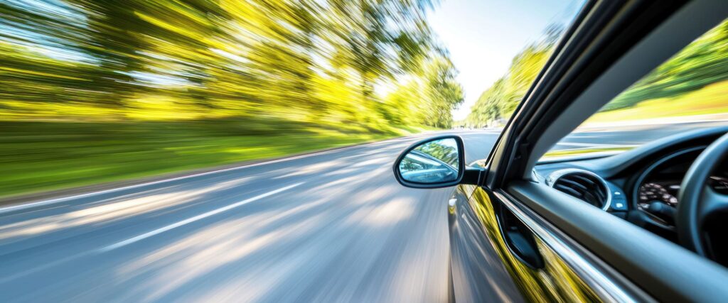 Auto fährt mit hoher Geschwindigkeit auf Landstrasse – Symbolbild für Geschwindigkeitsüberschreitung in der Schweiz - Hero Desktop