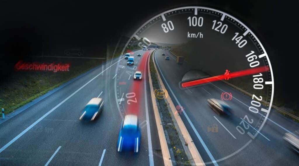 Autos auf der Autobahn mit eingeblendetem Tachometer – Symbolbild für Raserdelikt und Geschwindigkeitsüberschreitung in der Schweiz